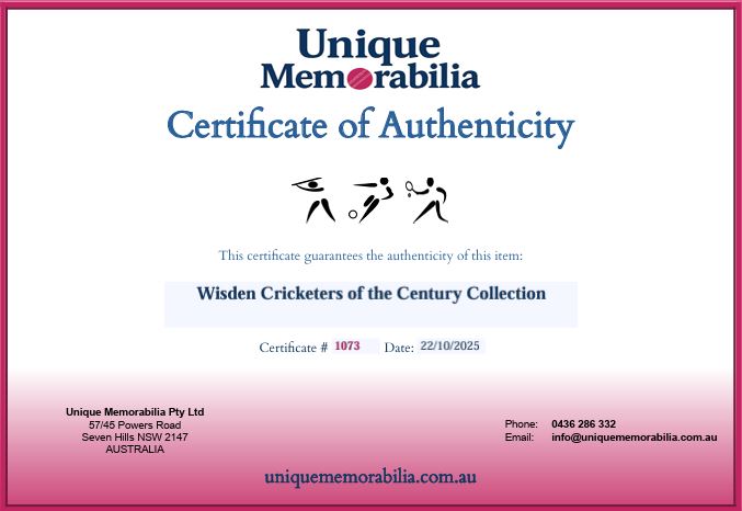 Load image into Gallery viewer, Certificate of Authenticity for Wisden Cricketers of the Century Collection, from Unique Memorabilia. 
