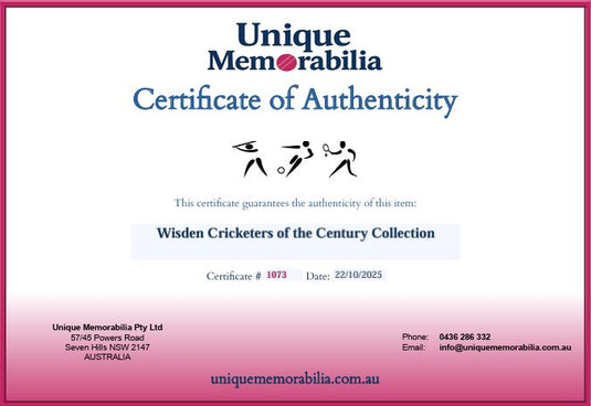 Certificate of Authenticity for Wisden Cricketers of the Century Collection, from Unique Memorabilia. 