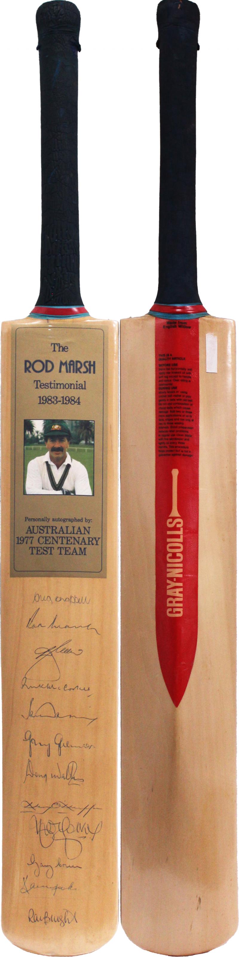 Load image into Gallery viewer, The Rod Marsh Testimonial 1983-84 Signed Bat, from Unique Memorabilia. 

