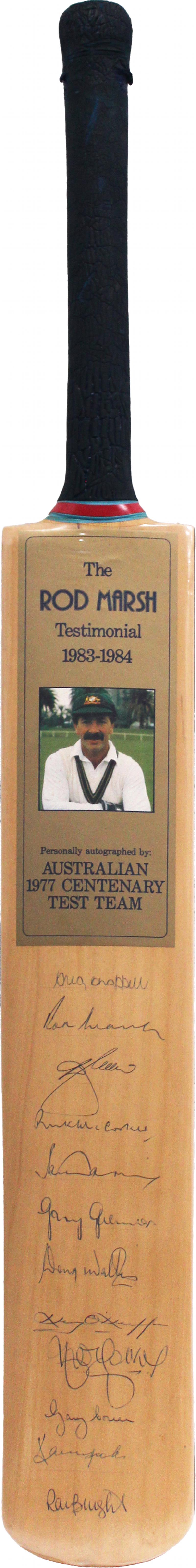 Load image into Gallery viewer, The Rod Marsh Testimonial 1983-84 Signed Bat, from Unique Memorabilia. 
