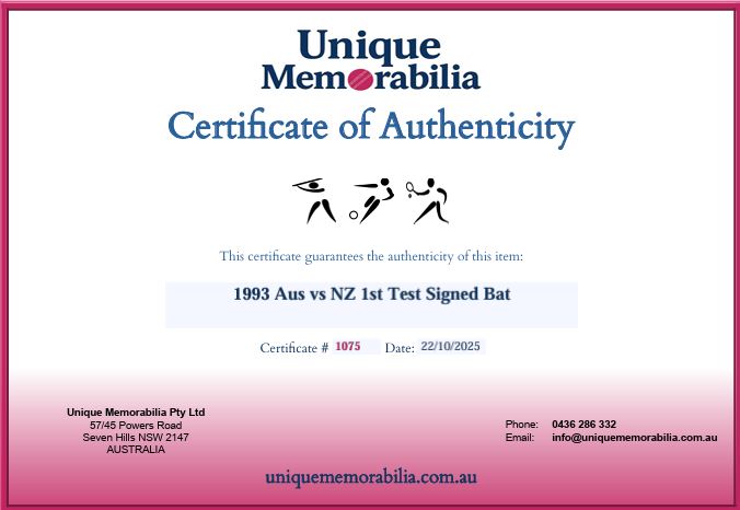 Load image into Gallery viewer, Certificate of Authenticity for Australia vs New Zealand 1993 1st Test Signed Bat, from Unique Memorabilia. 
