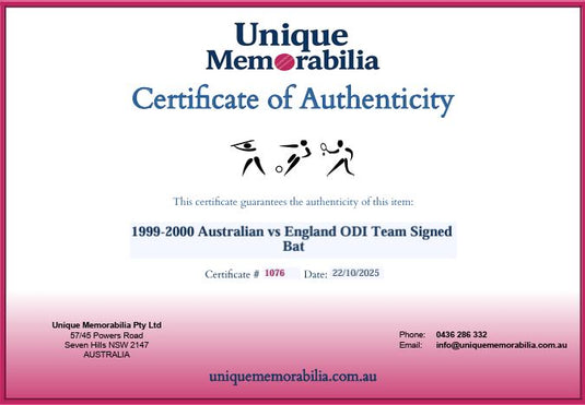 Certificate of Authenticity for 1999-2000 Australian vs England ODI Team Signed Bat, from Unique Memorabilia. 