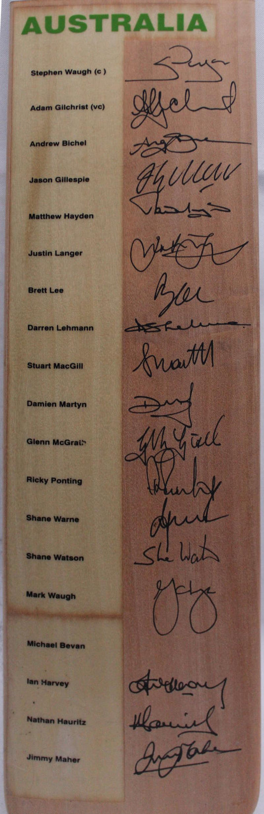 2002 Australian Team Signed Bat vs South Africa & Zimbabwe, from Unique Memorabilia. 