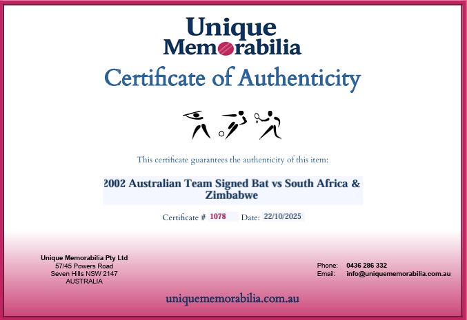 Load image into Gallery viewer, Certificate of Authenticity for 2002 Australian Team Signed Bat vs South Africa &amp; Zimbabwe, from Unique Memorabilia. 
