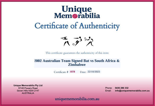 Certificate of Authenticity for 2002 Australian Team Signed Bat vs South Africa & Zimbabwe, from Unique Memorabilia. 