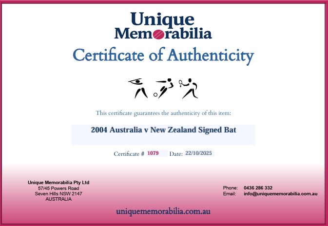 Load image into Gallery viewer, Certificate of Authenticity for 2004 Australia v New Zealand Signed Bat, from Unique Memorabilia. 
