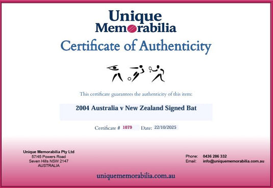 Certificate of Authenticity for 2004 Australia v New Zealand Signed Bat, from Unique Memorabilia. 