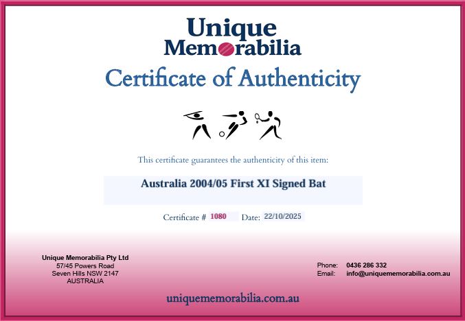 Load image into Gallery viewer, Certificate of Authenticity for Australia 2004/05 First XI Signed Bat, from Unique Memorabilia. 

