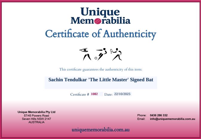 Load image into Gallery viewer, Certificate of Authenticity for Sachin Tendulkar &#39;The Little Master&#39; Signed Bat, from Unique Memorabilia. 
