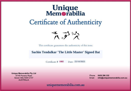 Certificate of Authenticity for Sachin Tendulkar 'The Little Master' Signed Bat, from Unique Memorabilia. 