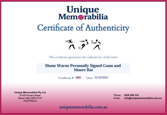 Load image into Gallery viewer, Certificate of Authenticity for Shane Warne Personally Signed Gunn and Moore Bat, from Unique Memorabilia. 
