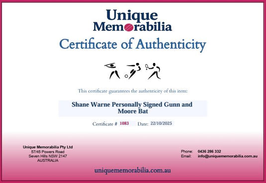 Certificate of Authenticity for Shane Warne Personally Signed Gunn and Moore Bat, from Unique Memorabilia. 