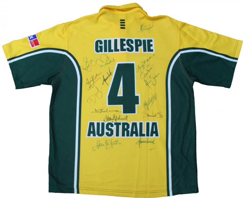 Load image into Gallery viewer, 2001 Australian ODI Team Signed and Match Worn 'Gillespie' Shirt, from Unique Memorabilia. 
