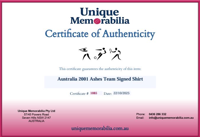 Load image into Gallery viewer, Certificate of Authenticity for Australia 2001 Ashes Team Signed Shirt, from Unique Memorabilia. 
