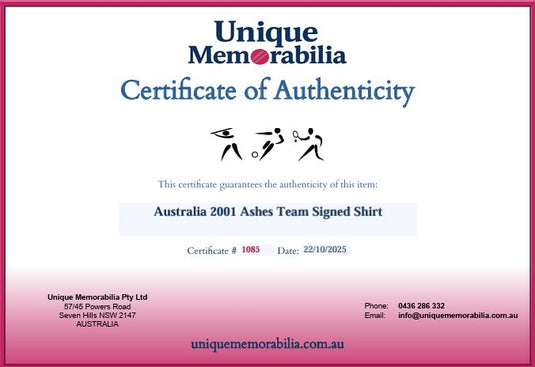 Certificate of Authenticity for Australia 2001 Ashes Team Signed Shirt, from Unique Memorabilia. 