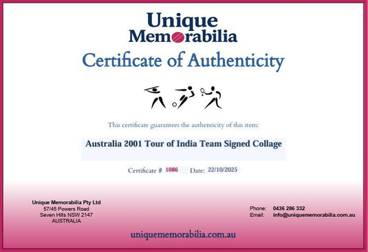 Certificate of Authenticity for Australia 2001 Tour of India Team Signed Collage, from Unique Memorabilia. 