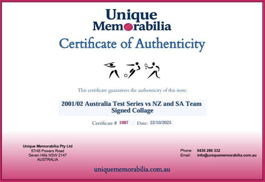Certificate of Authenticity for 2001/02 Australia Test Series vs NZ and SA Team Signed Collage, from Unique Memorabilia. 