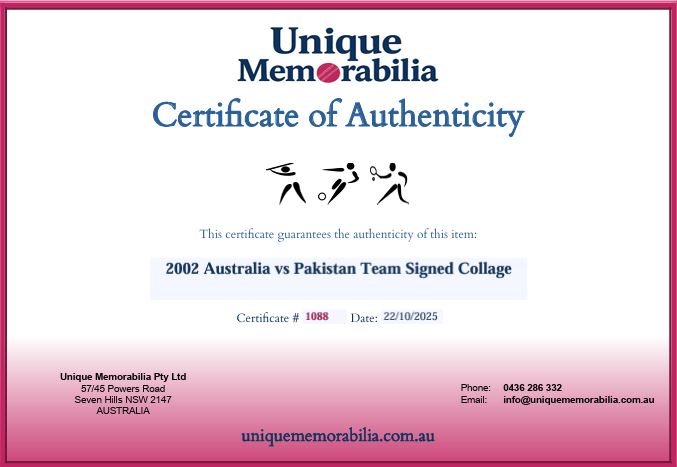 Load image into Gallery viewer, Certificate of Authenticity for 2002 Australia vs Pakistan Team Signed Collage, from Unique Memorabilia. 
