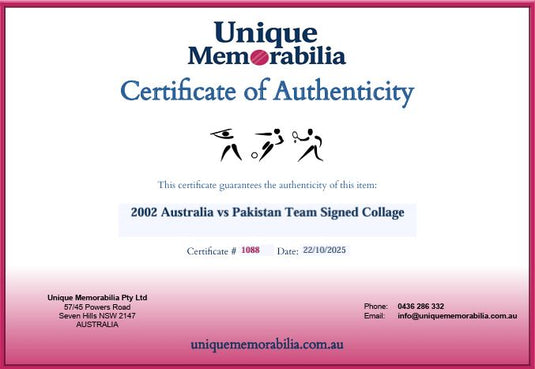 Certificate of Authenticity for 2002 Australia vs Pakistan Team Signed Collage, from Unique Memorabilia. 