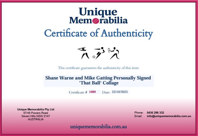 Load image into Gallery viewer, Certificate of Authenticity for Shane Warne and Mike Gatting Personally Signed &#39;That Ball&#39; Collage, from Unique Memorabilia. 
