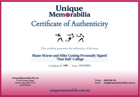 Certificate of Authenticity for Shane Warne and Mike Gatting Personally Signed 'That Ball' Collage, from Unique Memorabilia. 
