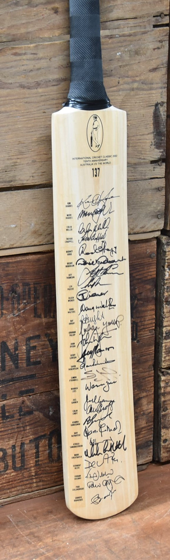 Load image into Gallery viewer, 2002 Australia vs The World Tenth Anniversary Personally Signed Bat, from Unique Memorabilia. 
