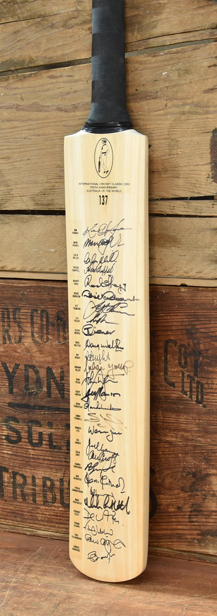 Load image into Gallery viewer, 2002 Australia vs The World Tenth Anniversary Personally Signed Bat, from Unique Memorabilia. 
