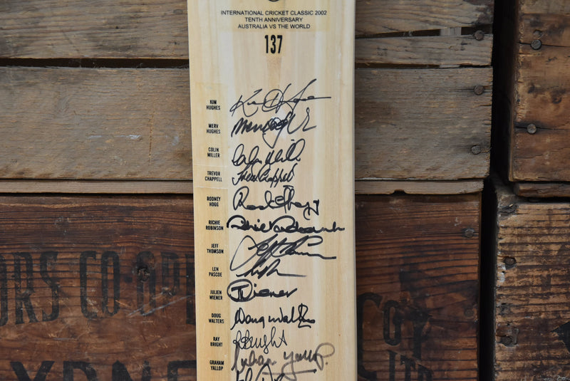 Load image into Gallery viewer, 2002 Australia vs The World Tenth Anniversary Personally Signed Bat, from Unique Memorabilia. 
