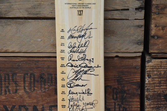 2002 Australia vs The World Tenth Anniversary Personally Signed Bat, from Unique Memorabilia. 