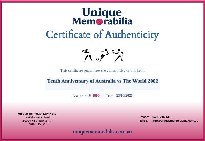 Load image into Gallery viewer, Certificate of Authenticity for Tenth Anniversary of Australia vs The World 2002 by Unique Memorabilia.

