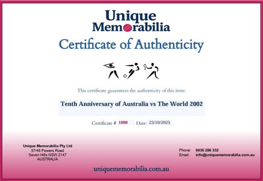 Certificate of Authenticity for Tenth Anniversary of Australia vs The World 2002 by Unique Memorabilia.