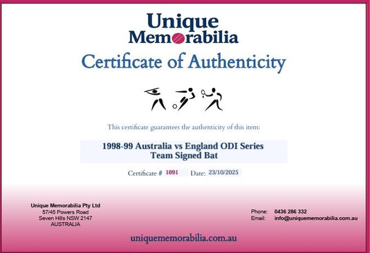Certificate of Authenticity for 1998-99 Australia vs England One Day Series Personally Signed Bat, from Unique Memorabilia. 