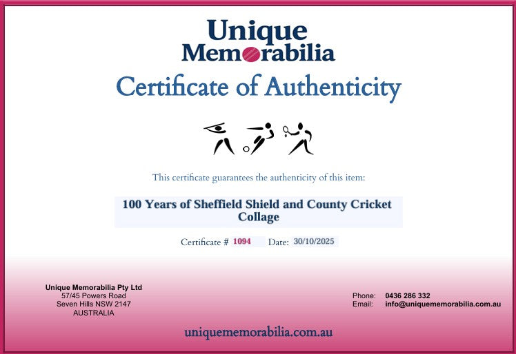 Load image into Gallery viewer, Certificate of Authenticity for 100 Years of Sheffield Shield and County Cricket Collage, from Unique Memorabilia. 
