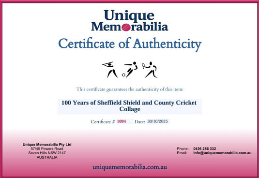 Certificate of Authenticity for 100 Years of Sheffield Shield and County Cricket Collage, from Unique Memorabilia. 