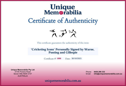 Certificate of Authenticity for 'Cricketing Icons' Personally Signed by Warne, Ponting and Gillespie, from Unique Memorabilia. 