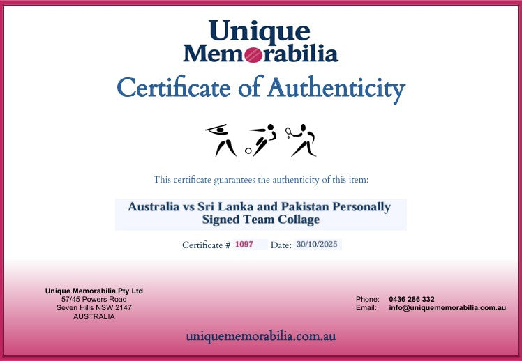 Load image into Gallery viewer, Certificate of Authenticity for Australia 1994 Tour vs Sri Lanka and Pakistan Personally Signed Team Collage, from Unique Memorabilia. 
