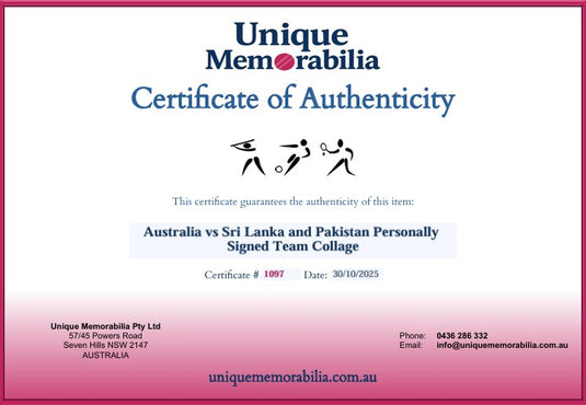 Certificate of Authenticity for Australia 1994 Tour vs Sri Lanka and Pakistan Personally Signed Team Collage, from Unique Memorabilia. 