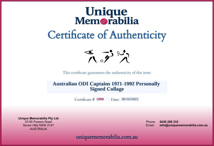Load image into Gallery viewer, Certificate of Authenticity for Australian ODI Captains 1971-1992 Personally Signed Collage, from Unique Memorabilia. 
