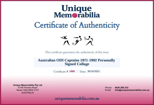 Certificate of Authenticity for Australian ODI Captains 1971-1992 Personally Signed Collage, from Unique Memorabilia. 