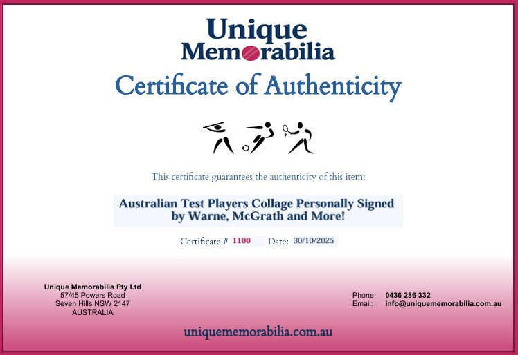 Load image into Gallery viewer, Certificate of Authenticity for Australian Test Players Collage Personally Signed by Warne, McGrath and More! From Unique Memorabilia. 
