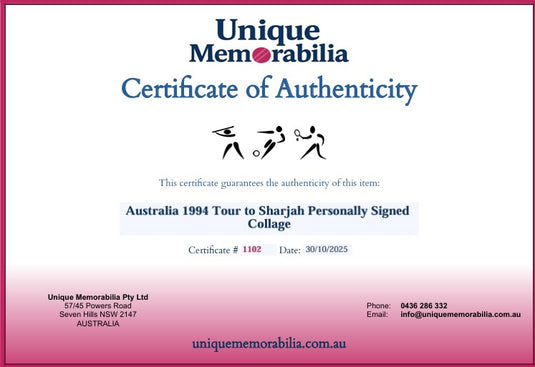 Certificate of Authenticity for Australia 1994 Tour to Sharjah Personally Signed Collage, from Unique Memorabilia. 