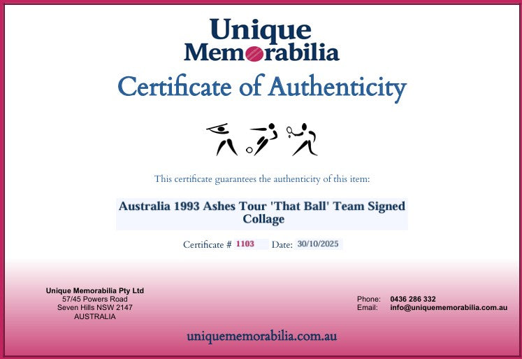 Load image into Gallery viewer, Certificate of Authenticity for Australia 1993 Ashes Tour &#39;That Ball&#39; Team Signed Collage, from Unique Memorabilia. 
