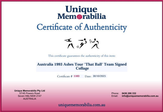 Certificate of Authenticity for Australia 1993 Ashes Tour 'That Ball' Team Signed Collage, from Unique Memorabilia. 
