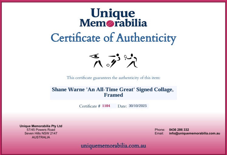 Load image into Gallery viewer, Certificate of Authenticity for Shane Warne &#39;An All-Time Great&#39; Personally Signed Collage, Framed. From Unique Memorabilia. 
