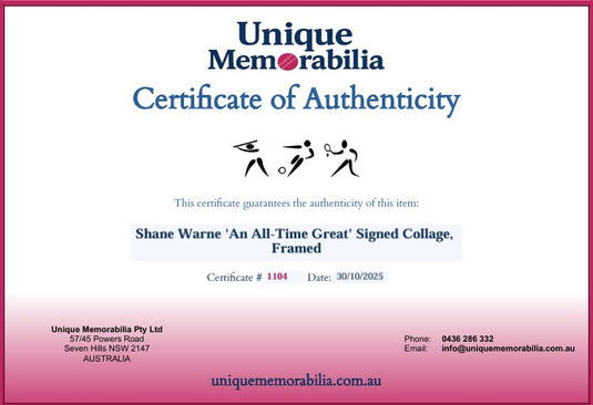 Certificate of Authenticity for Shane Warne 'An All-Time Great' Personally Signed Collage, Framed. From Unique Memorabilia. 