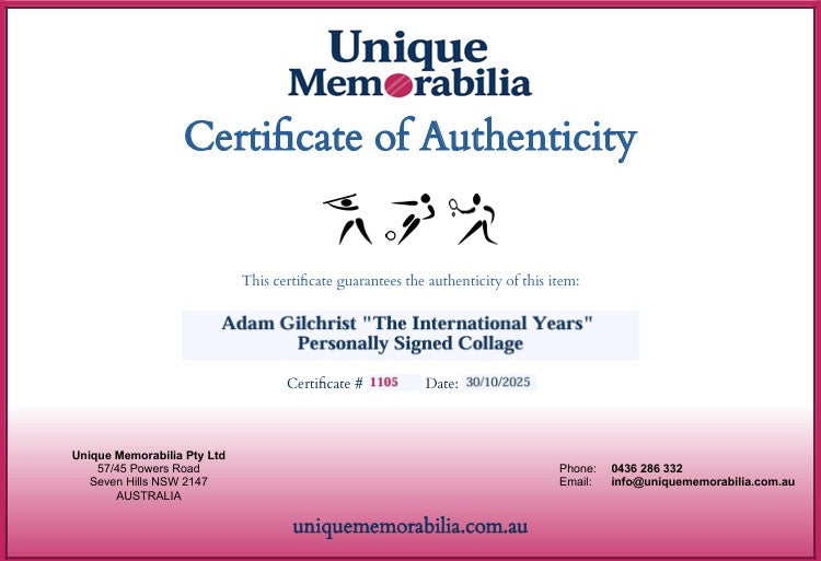 Load image into Gallery viewer, Certificate of Authenticity for Adam Gilchrist &quot;The International Years&quot; Personally Signed Collage, from Unique Memorabilia. 
