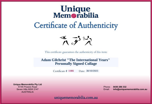 Certificate of Authenticity for Adam Gilchrist "The International Years" Personally Signed Collage, from Unique Memorabilia. 