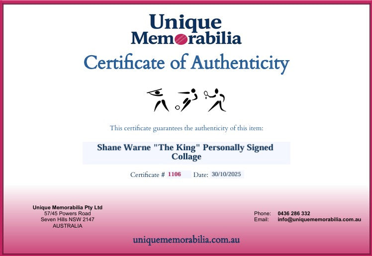 Load image into Gallery viewer, Certificate of Authenticity for Shane Warne &quot;The King&quot; Personally Signed Collage, from Unique Memorabilia. 
