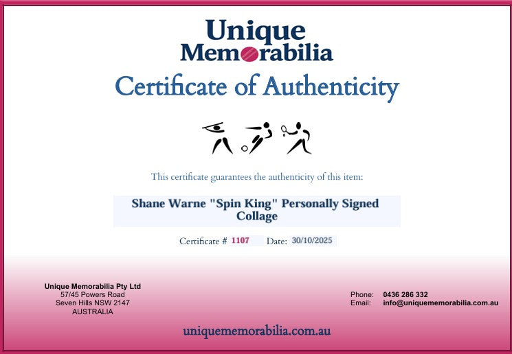 Load image into Gallery viewer, Certificate of Authenticity for Shane Warne &quot;Spin King&quot; Personally Signed Collage, from Unique Memorabilia. 
