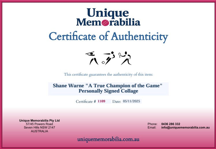 Load image into Gallery viewer, Certificate of Authenticity for Shane Warne &quot;A True Champion of the Game&quot; Personally Signed Collage, from Unique Memorabilia. 
